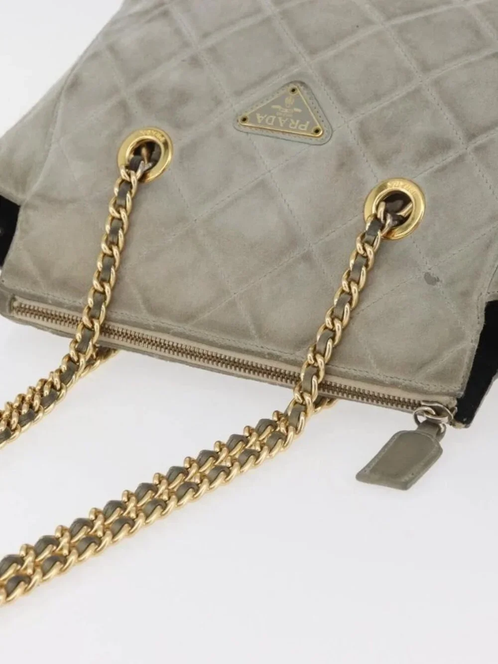 PRADA Chain Shoulder Bag Suede Gray Gold Auth